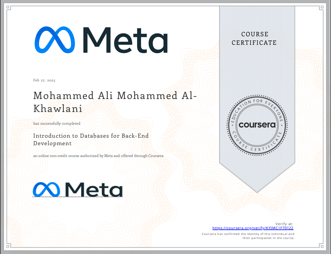 Meta Database Certificate